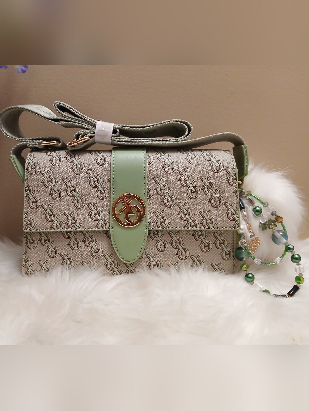 Green Accent Monogram Crossbody Bag